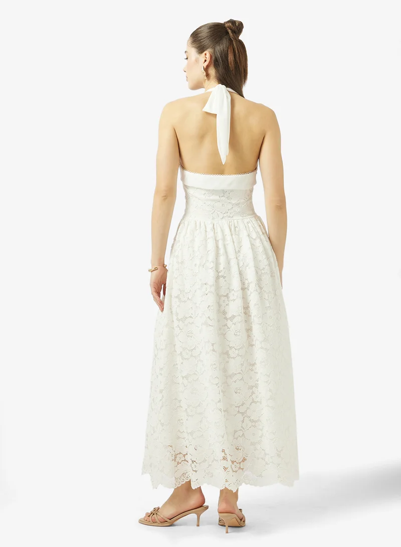 جينجر Halter Neck Lace Corset Bodice Fit N Flare Dress